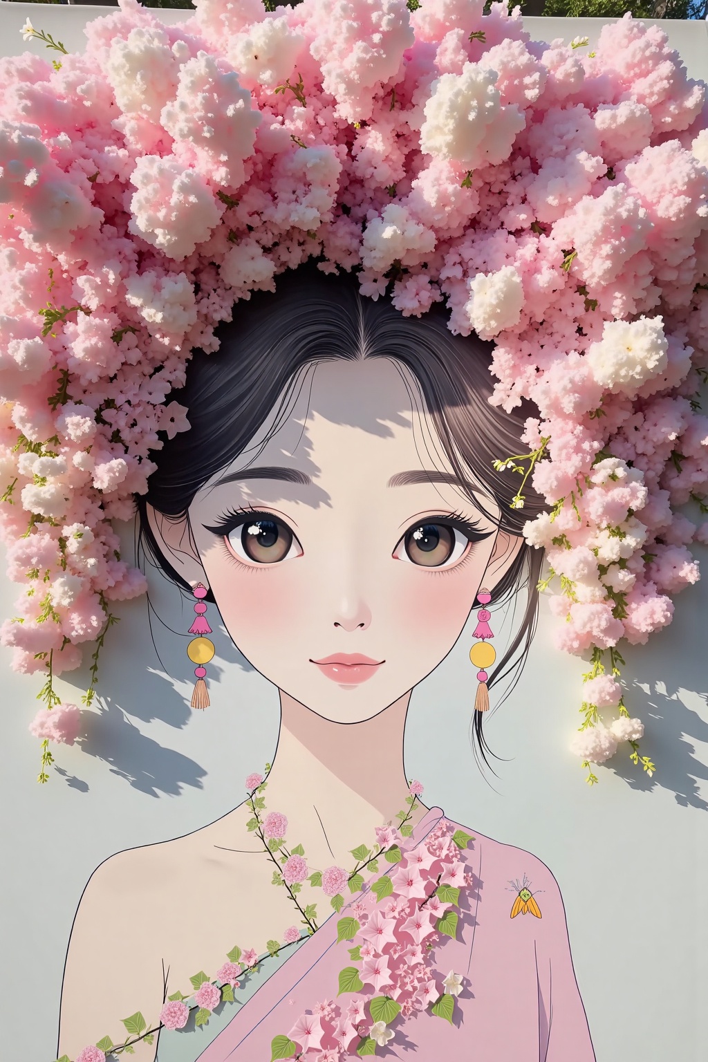 The image depicts a stylized illustration of a young woman with large,  expressive eyes. She is adorned with an elaborate...