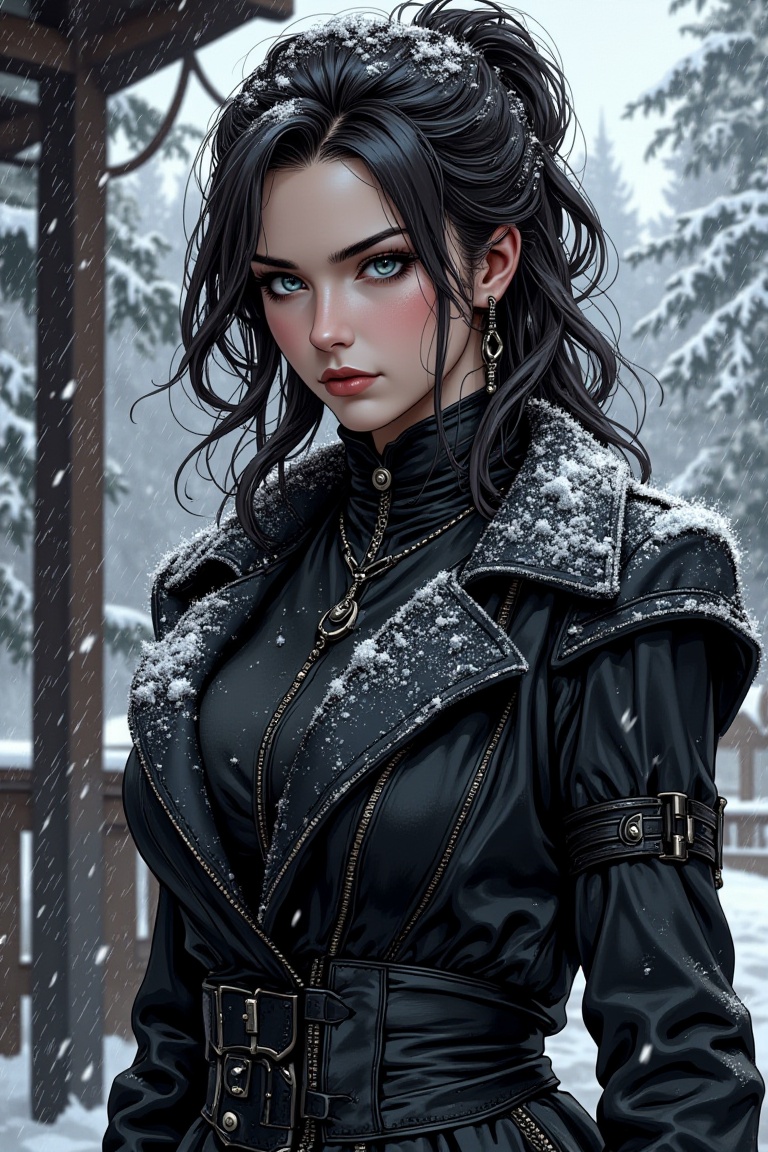 A woman in Gothic attire,  her expression a mix of resignation and strength,  stands at a frost-covered bus stop. Her eyes...