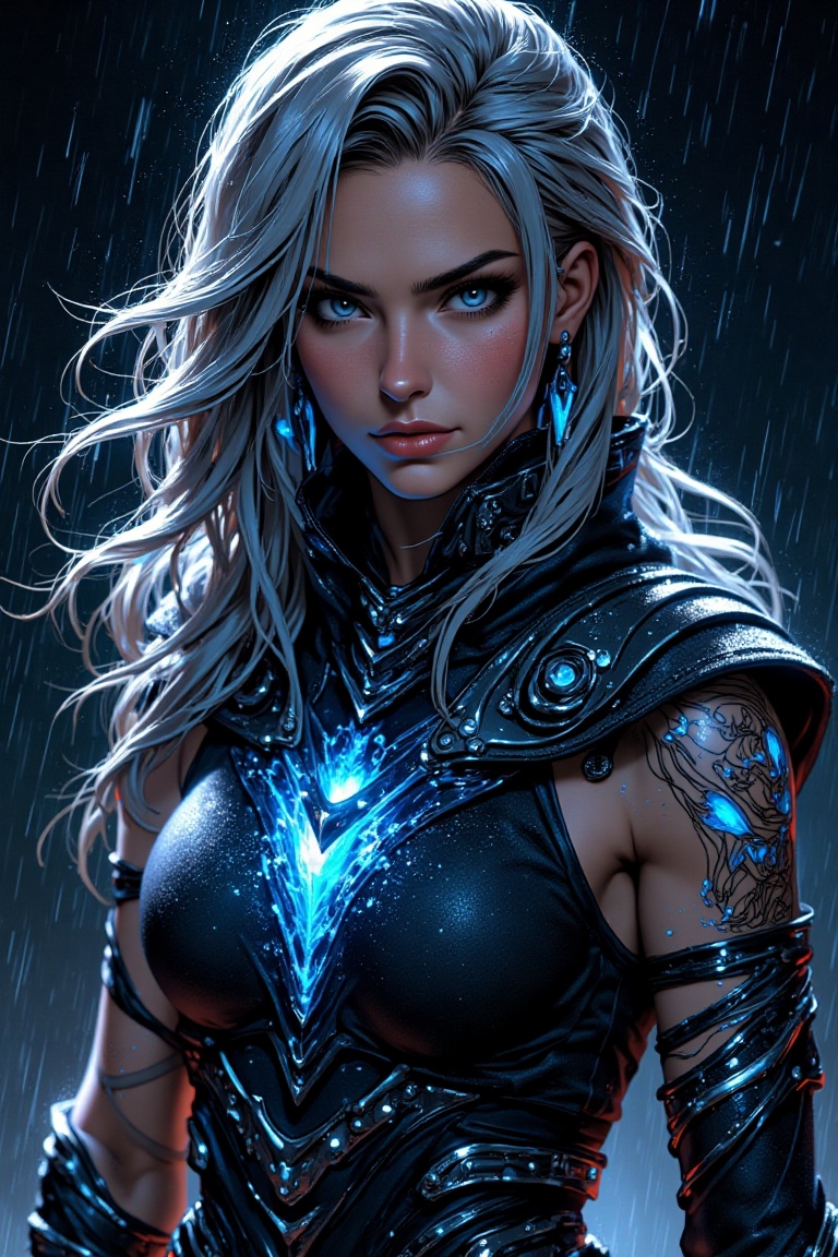 A stunning woman embodying Sub-Zero's icy demeanor,  dramatic high-contrast blue lighting against a dark background. She p...