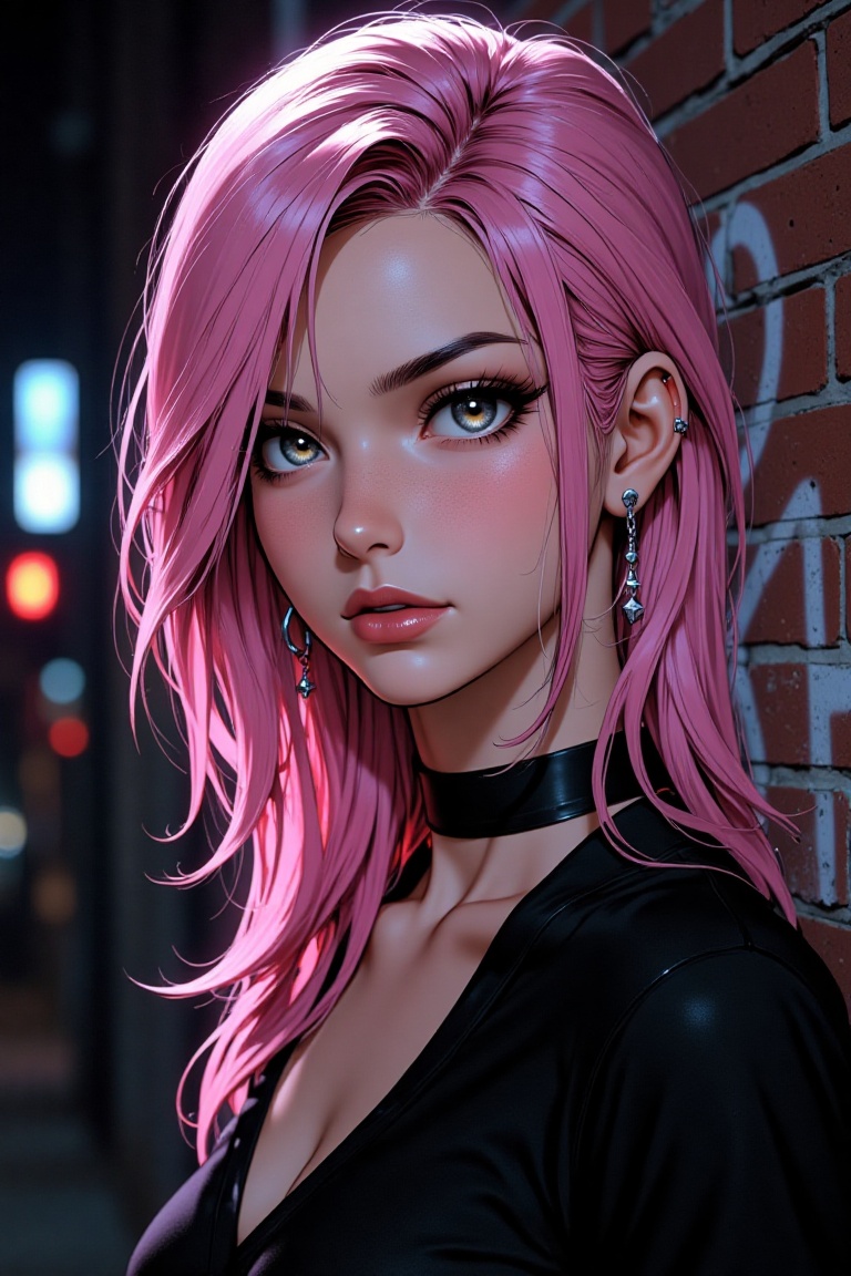 Long pink hair with highlights cascades over one eye of a beautiful girl in an urban night scene. She stands against a bri...