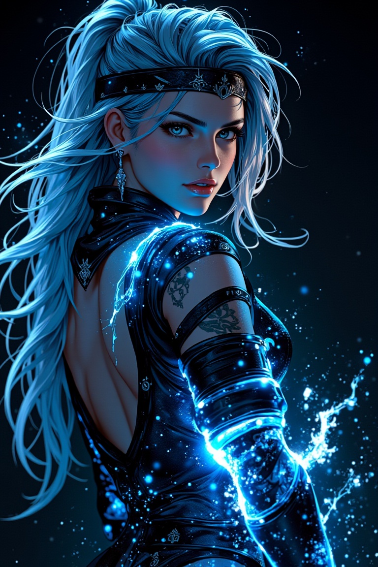 A bold vision! In this dramatic shot,  the stunning woman embodies Sub-Zero's icy demeanor,  posed with confident poise. T...