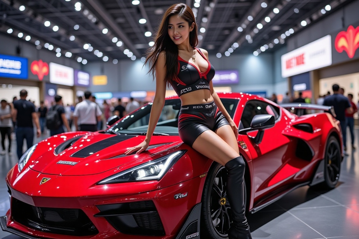 beautiful racing model,  leaning on the car,  luxury red sports car background on Tensor.Art