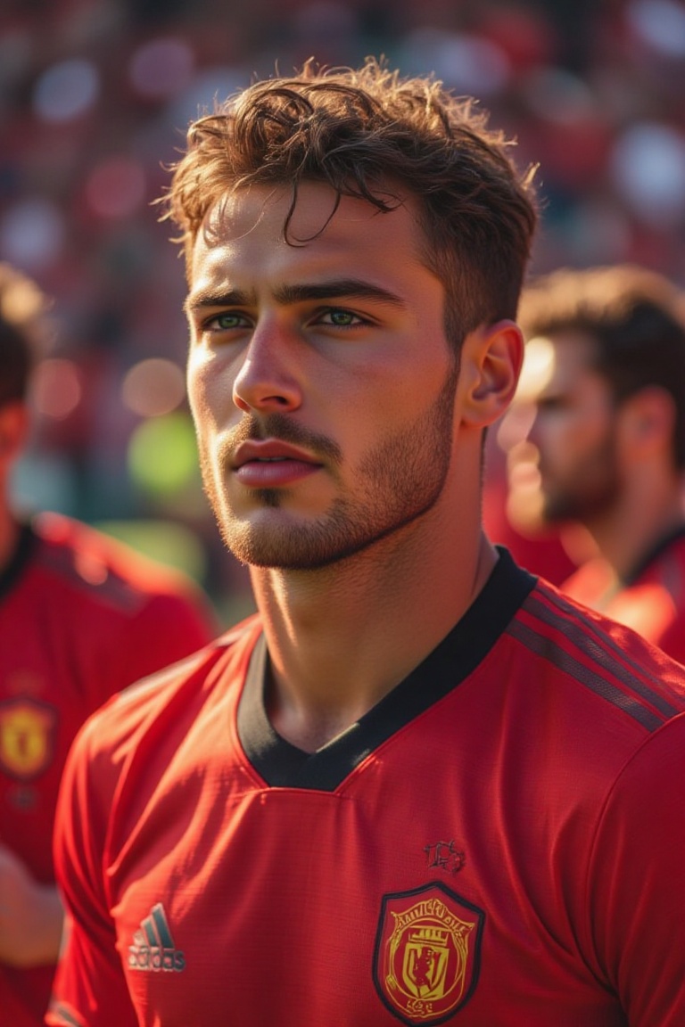 The image shows a person wearing a red sports jersey,  likely an American football player,  with a black collar visible un...