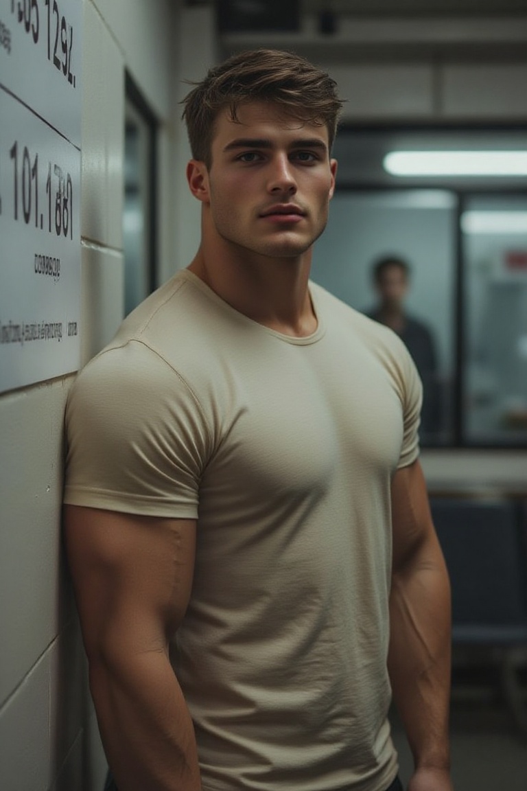 The image shows a young man with short,  styled hair wearing a light-colored,  short-sleeved t-shirt. He is standing again...