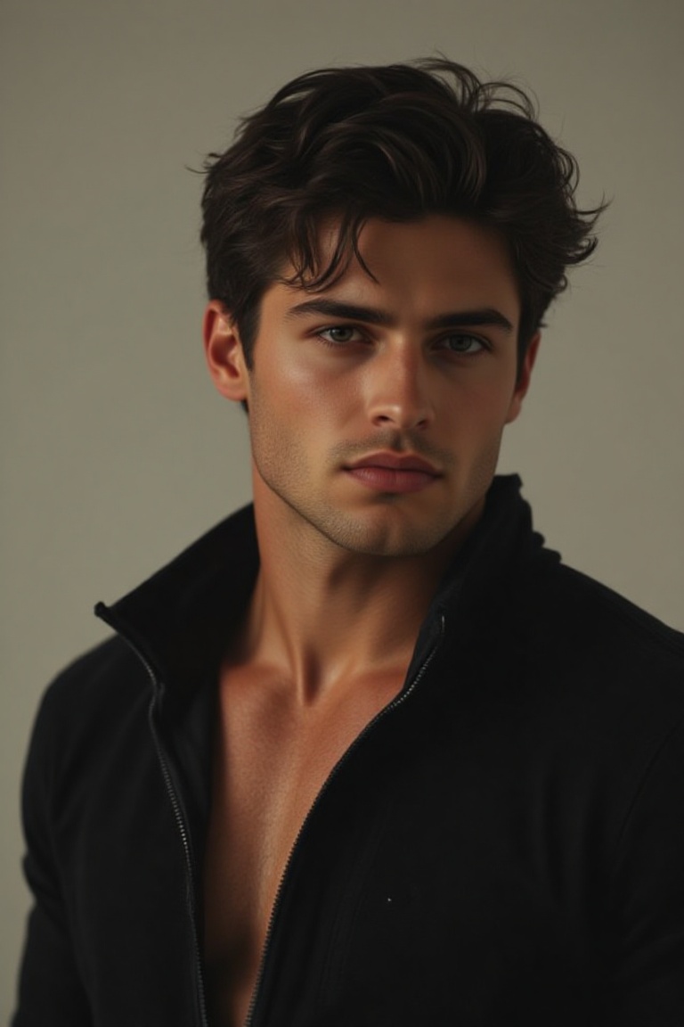 The image shows a person with dark,  tousled hair and a well-defined muscular chest,  wearing a black jacket with a partia...