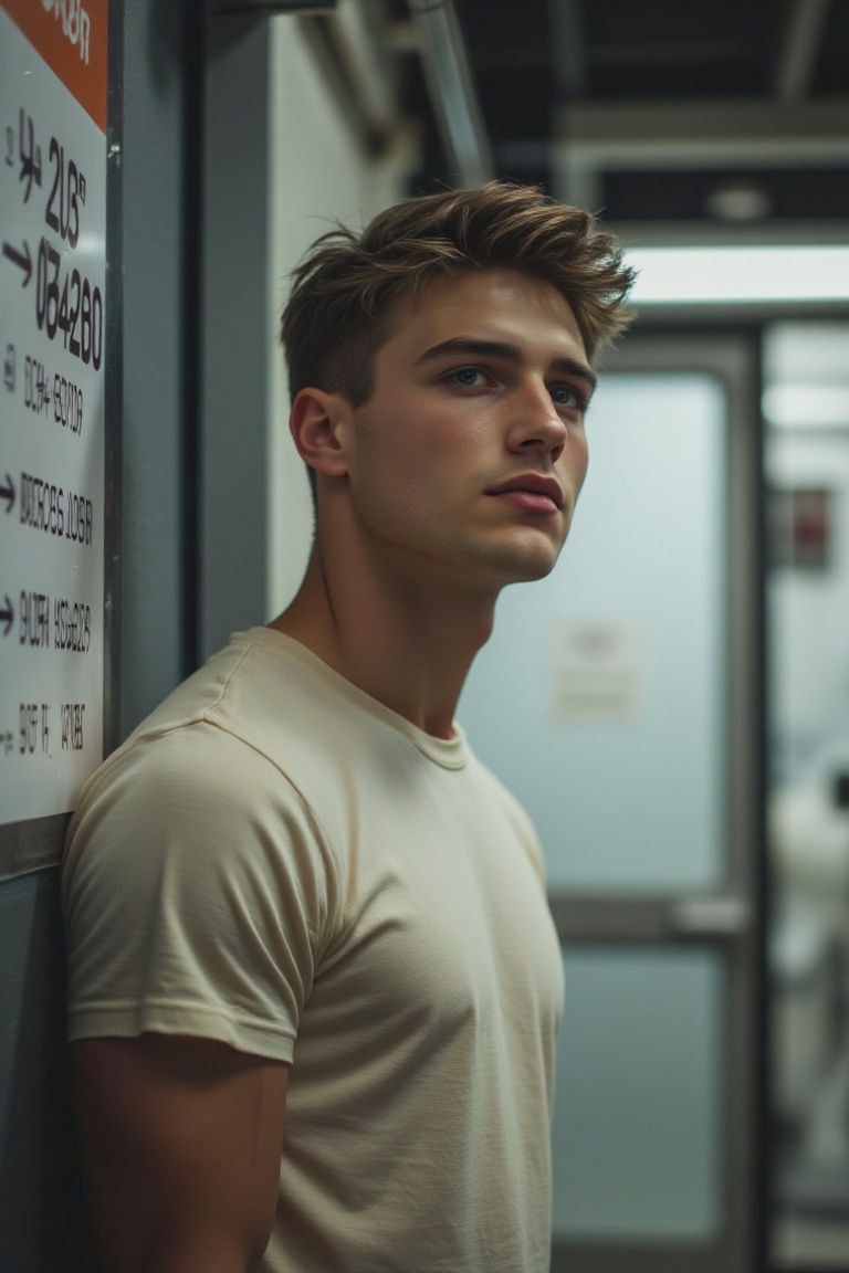 The image shows a young man with short,  styled hair wearing a light-colored,  short-sleeved t-shirt. He is standing again...