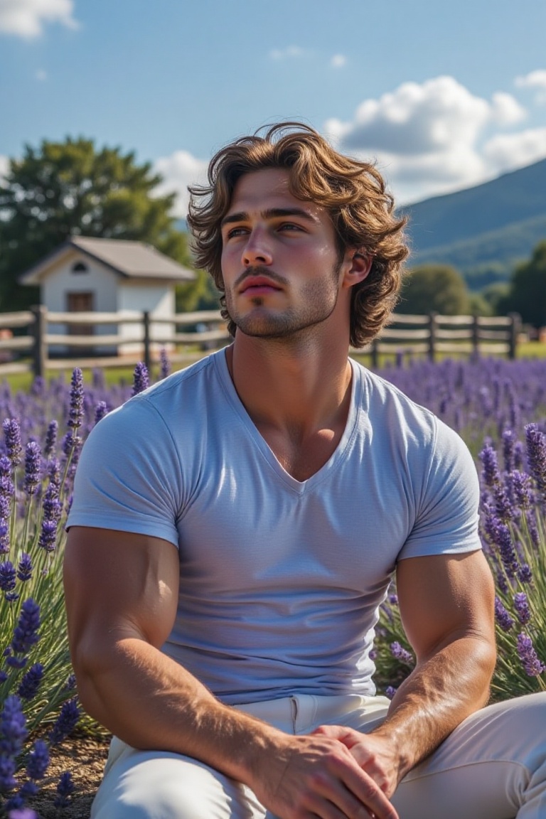 The image shows a person sitting outdoors in a field of lavender. The individual is wearing a light blue,  short-sleeved,...