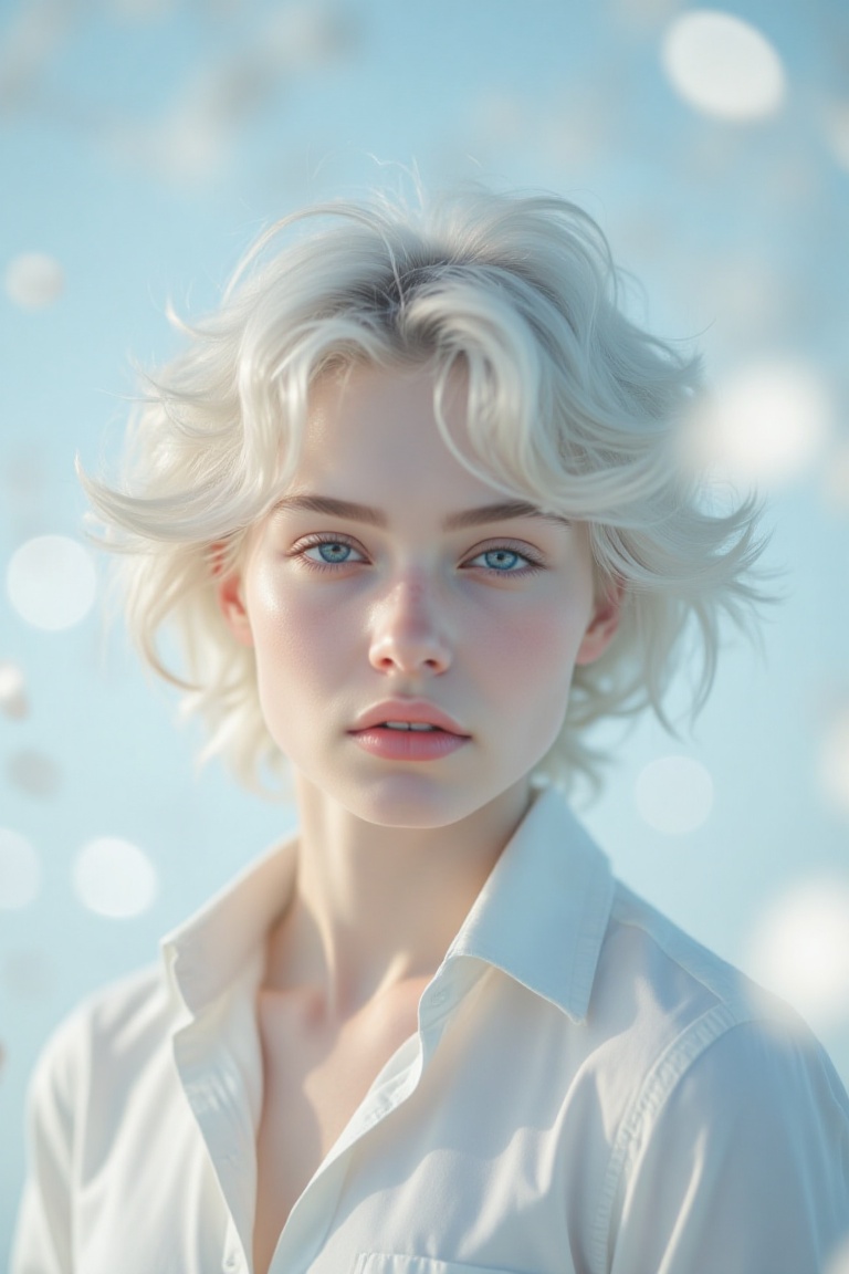 The image depicts a young person with short,  wavy white hair and striking blue eyes. The individual is wearing a light-co...