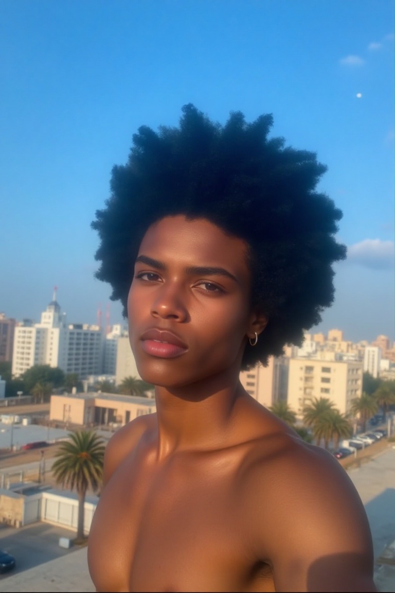 The image shows a person with dark skin and a large,  voluminous afro hairstyle. The individual is shirtless and appears t...