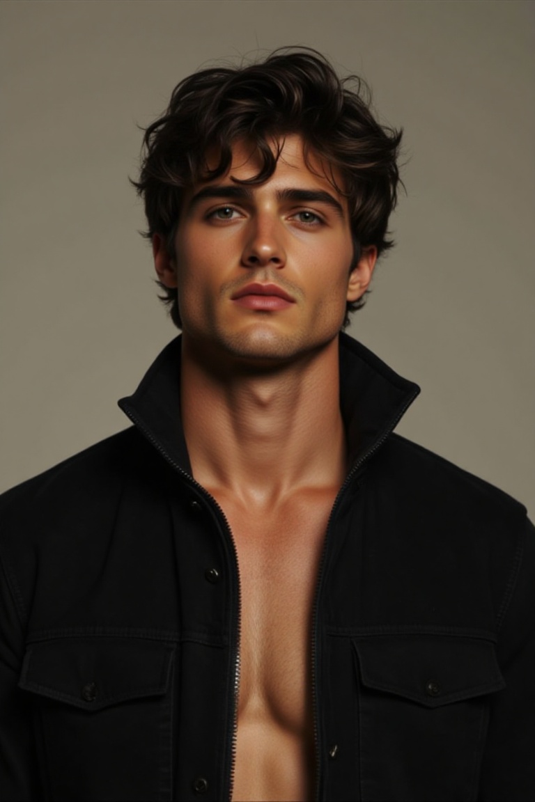 The image shows a person with dark,  tousled hair and a well-defined muscular chest,  wearing a black jacket with a partia...