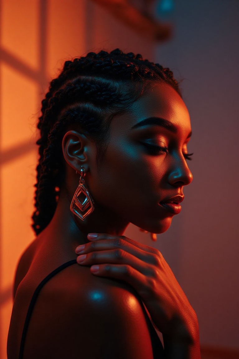 The image depicts a person with dark skin,  styled in an intricate hairstyle featuring multiple tight braids. The individu...