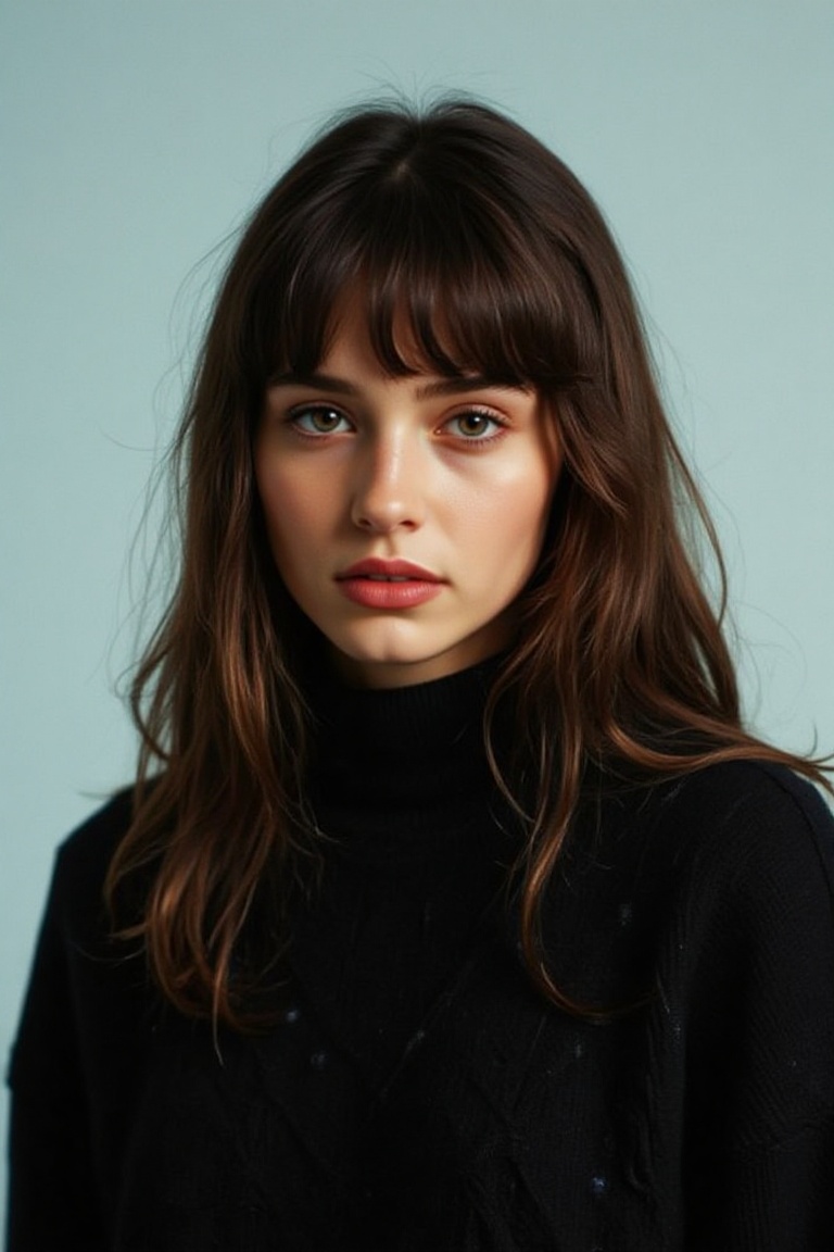 The image shows a young woman with long,  straight,  dark brown hair styled with bangs. She is wearing a black on Tensor.Art