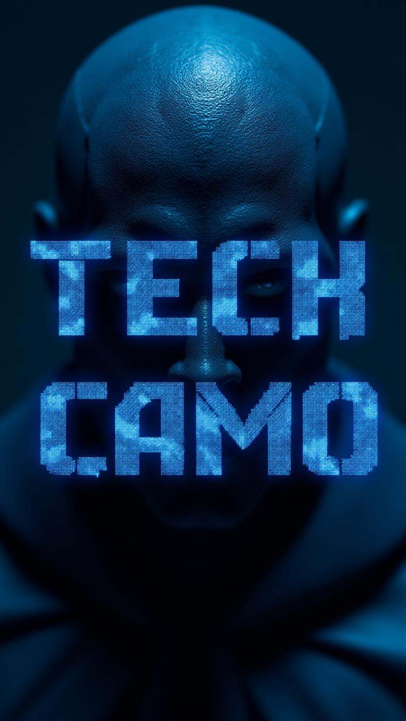 Sci-fi theme,  luminescent the text "Tech Camo" is written in the TCstylefont,  featuring ember roofing style letters that...
