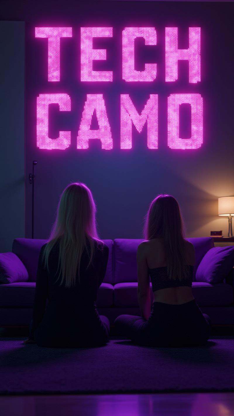 Sci-fi theme,  luminescent the text "Tech Camo" is written in the TCstylefont,  featuring ember roofing style letters that...