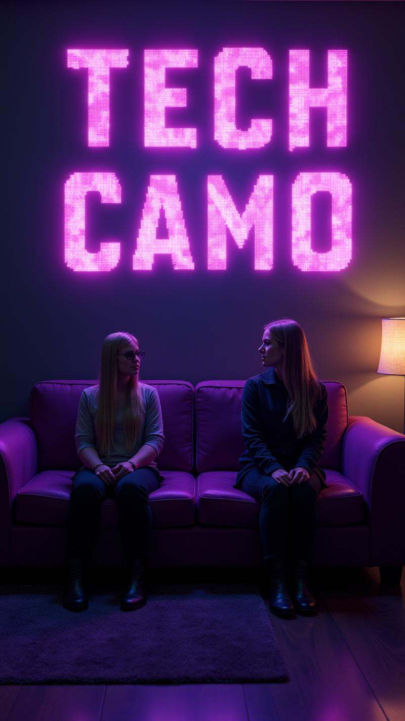 Sci-fi theme,  luminescent the text "Tech Camo" is written in the TCstylefont,  featuring ember roofing style letters that...