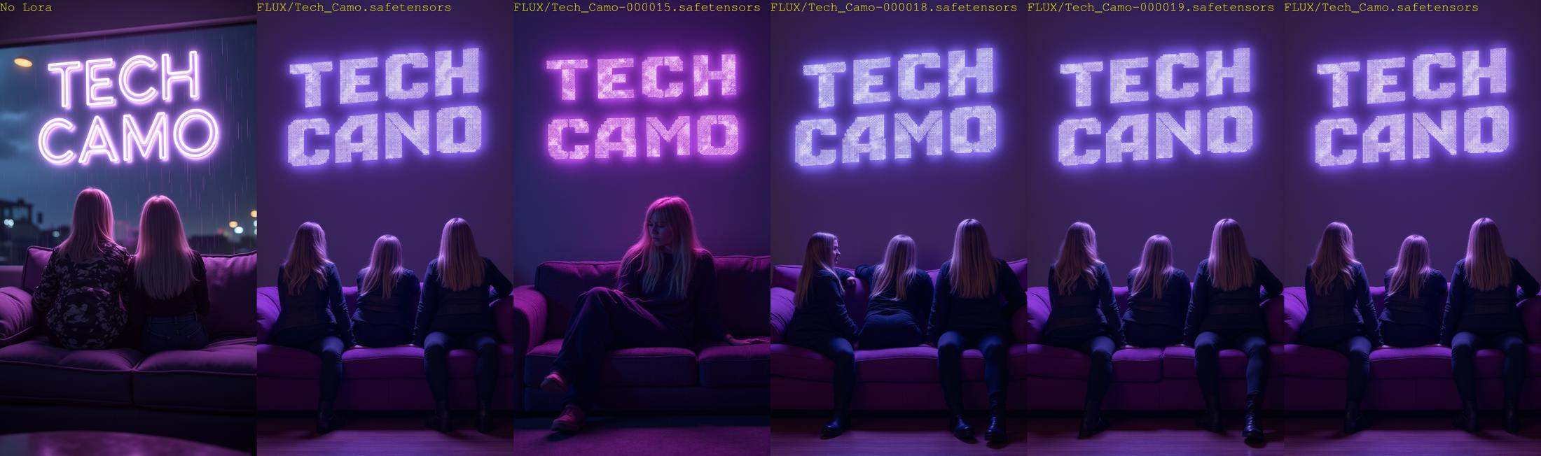 Sci-fi theme,  luminescent the text "Tech Camo" is written in the TCstylefont,  featuring ember roofing style letters that...