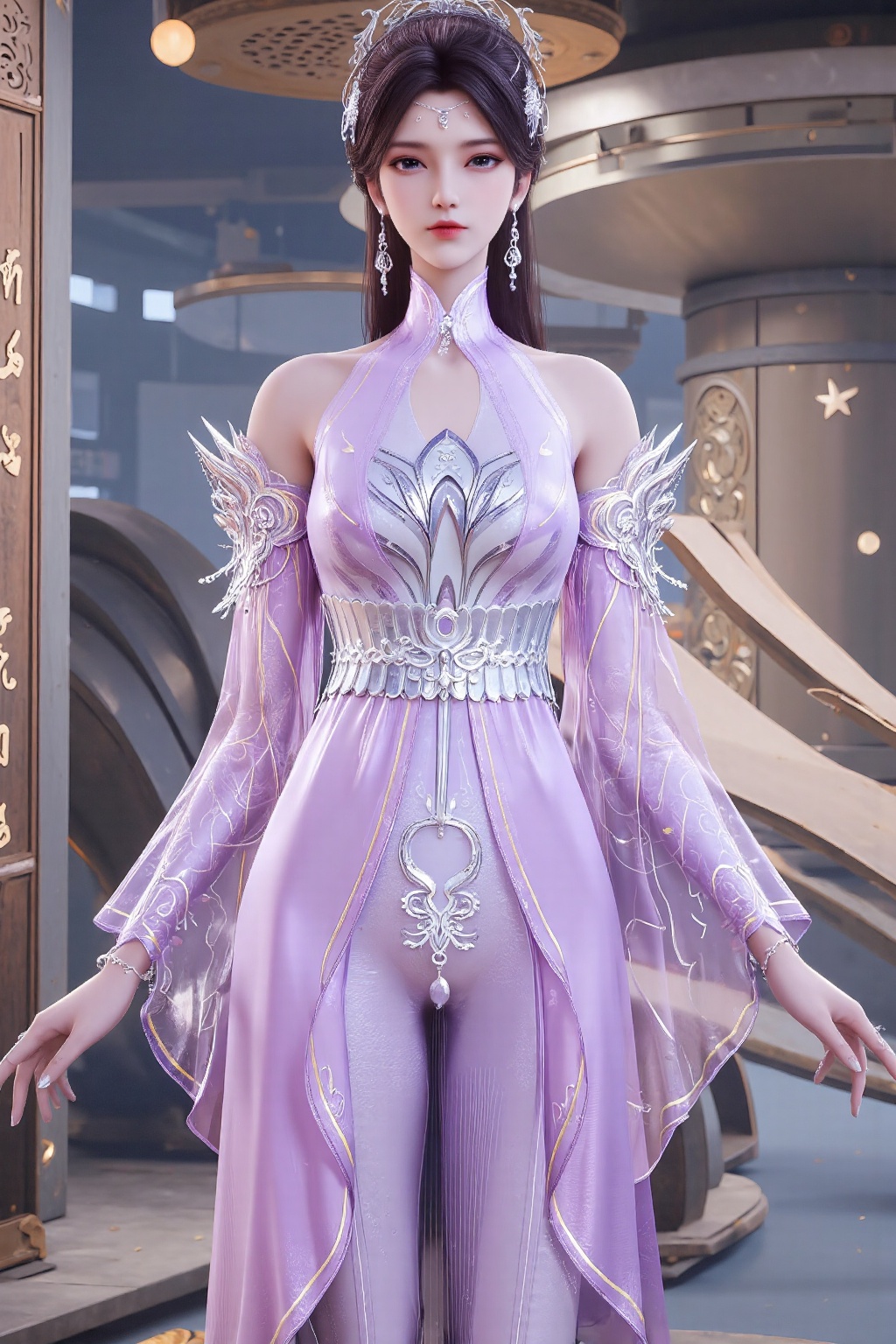 The image depicts a character dressed in an elaborate,  futuristic outfit. The character is wearing a flowing,  translucen...