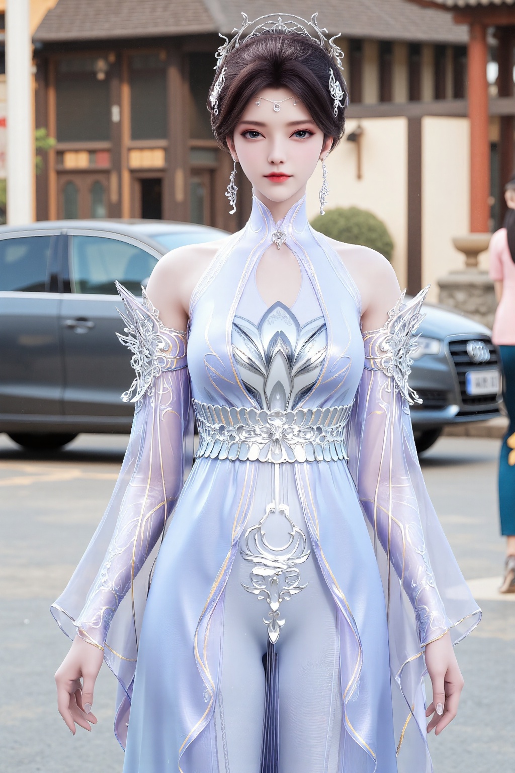 The image shows a person wearing an elaborate,  traditional-style outfit. The outfit is primarily light blue with intricat...