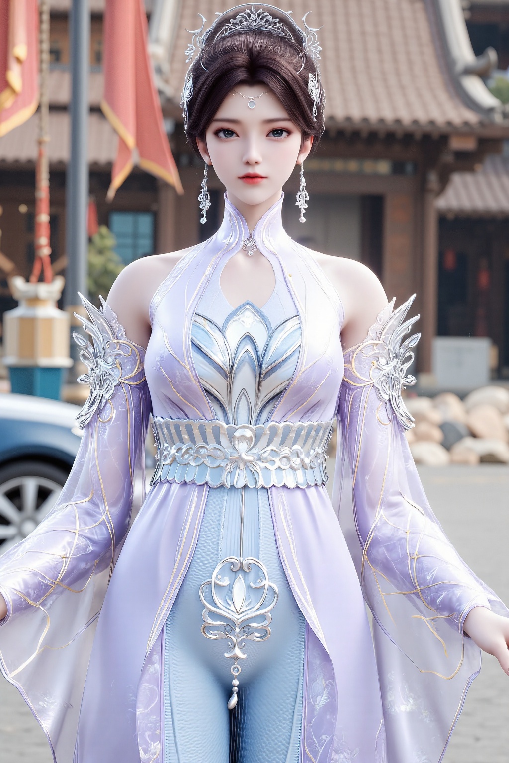 The image shows a person wearing an elaborate,  traditional-style outfit. The outfit is primarily light blue with intricat...