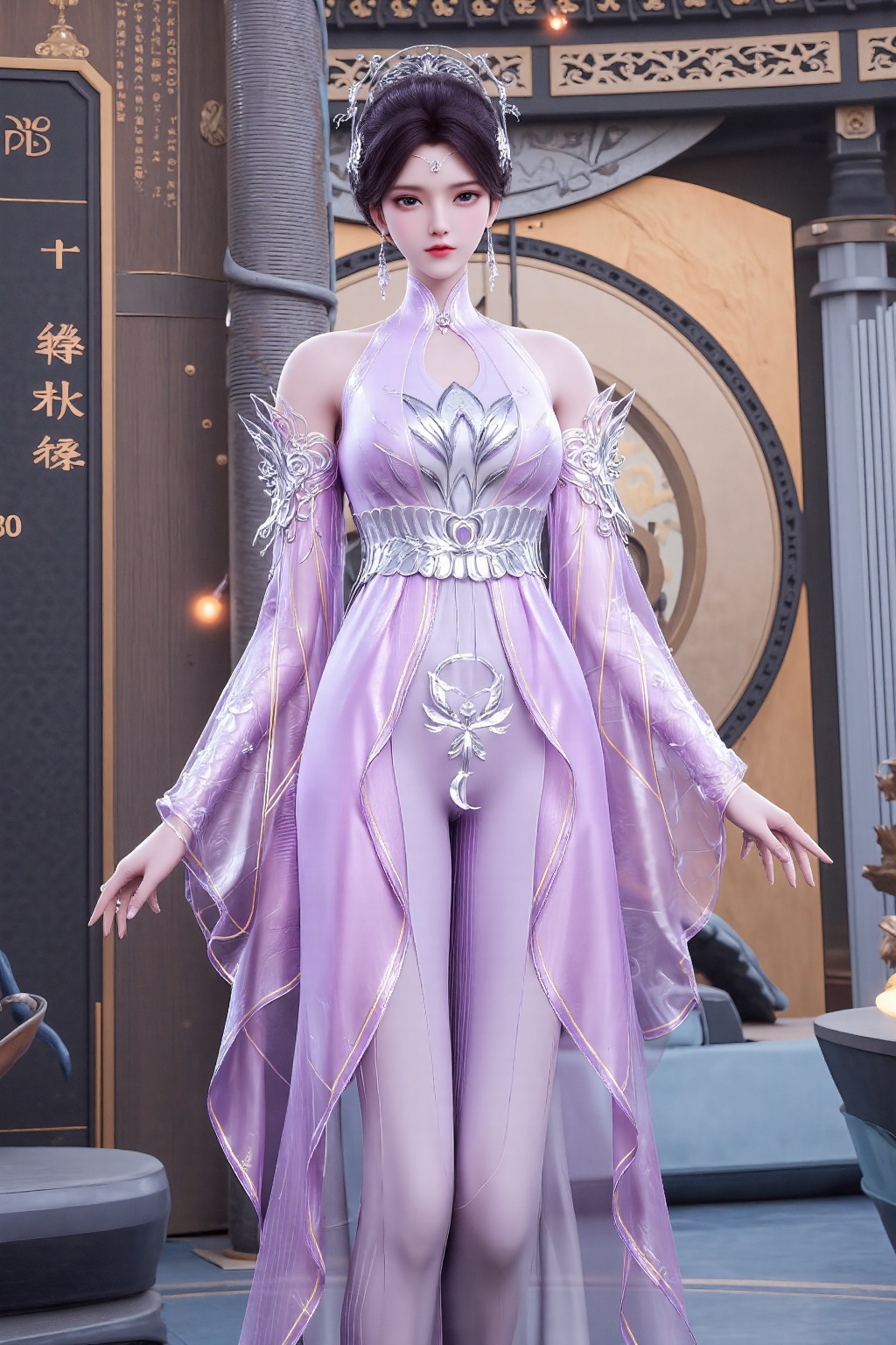 The image depicts a character dressed in an elaborate,  futuristic outfit. The character is wearing a flowing,  translucen...
