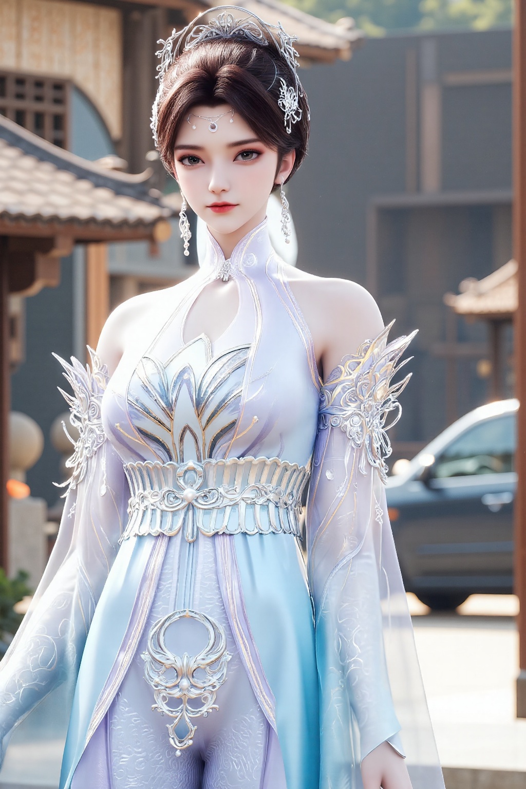 The image shows a person wearing an elaborate,  traditional-style outfit. The outfit is primarily light blue with intricat...