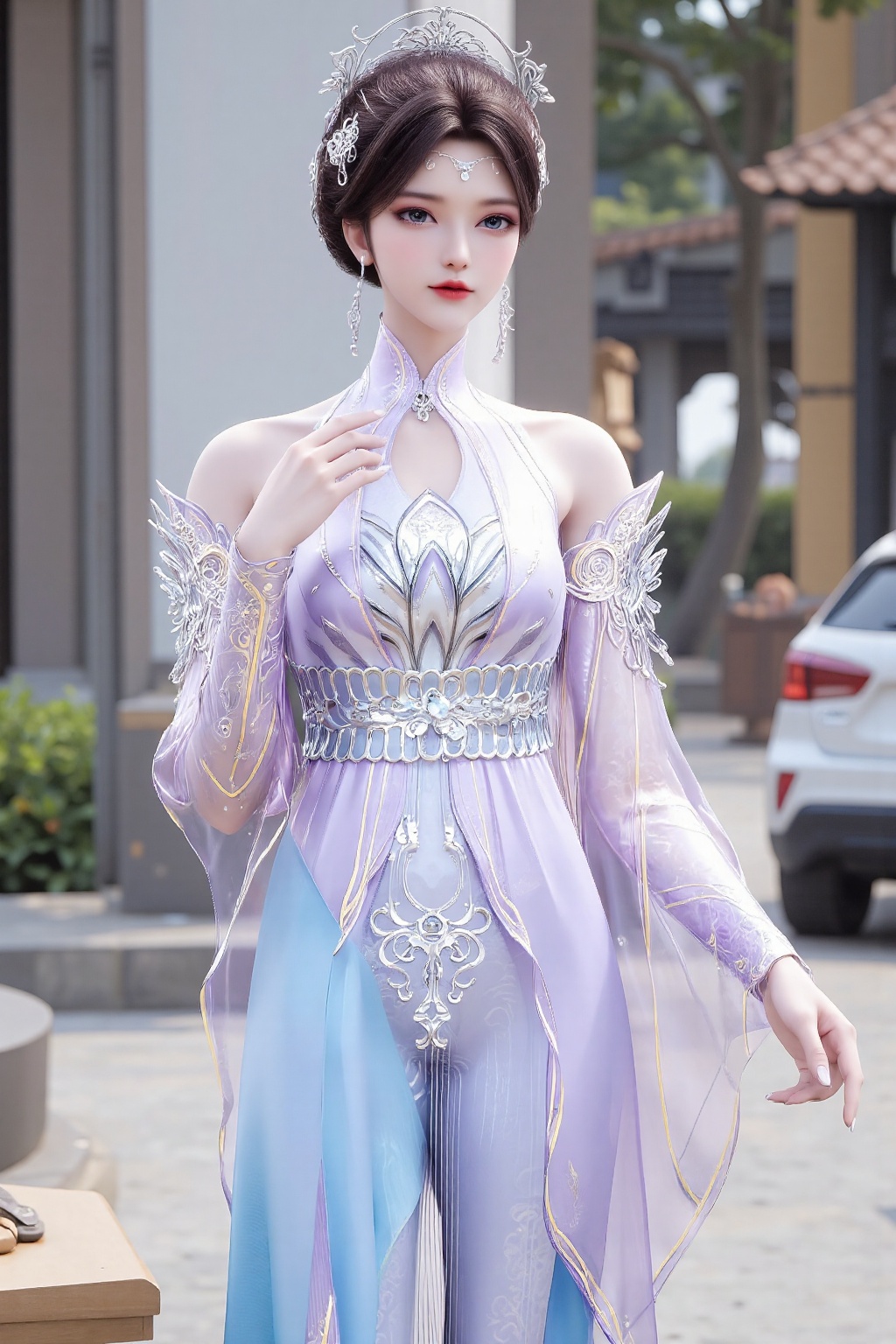 The image shows a person wearing an elaborate,  traditional-style outfit. The outfit is primarily light blue with intricat...