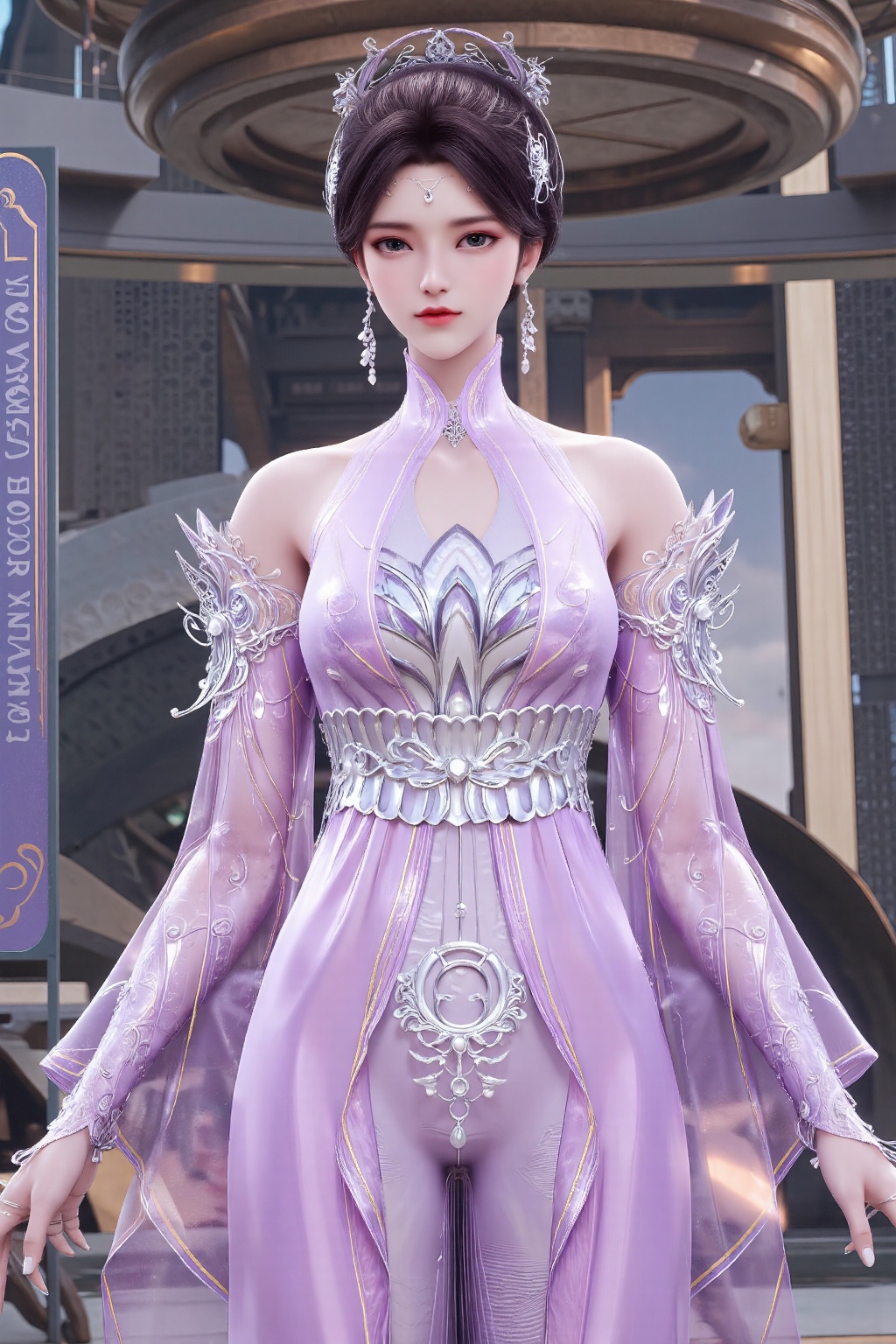 The image depicts a character dressed in an elaborate,  futuristic outfit. The character is wearing a flowing,  translucen...