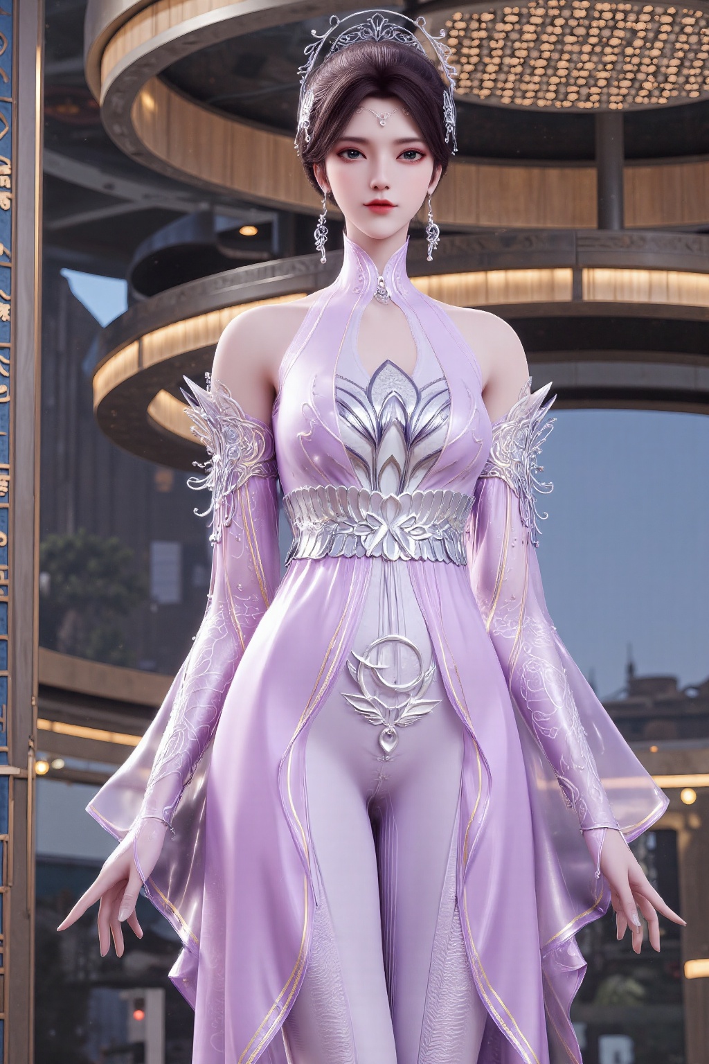 The image depicts a character dressed in an elaborate,  futuristic outfit. The character is wearing a flowing,  translucen...
