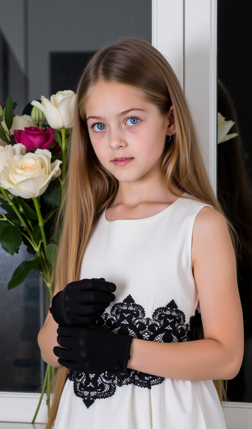 The image is a portrait of a young girl with brown hair,  blonde hair and blue eyes. Photo.,  posing in front of a window...
