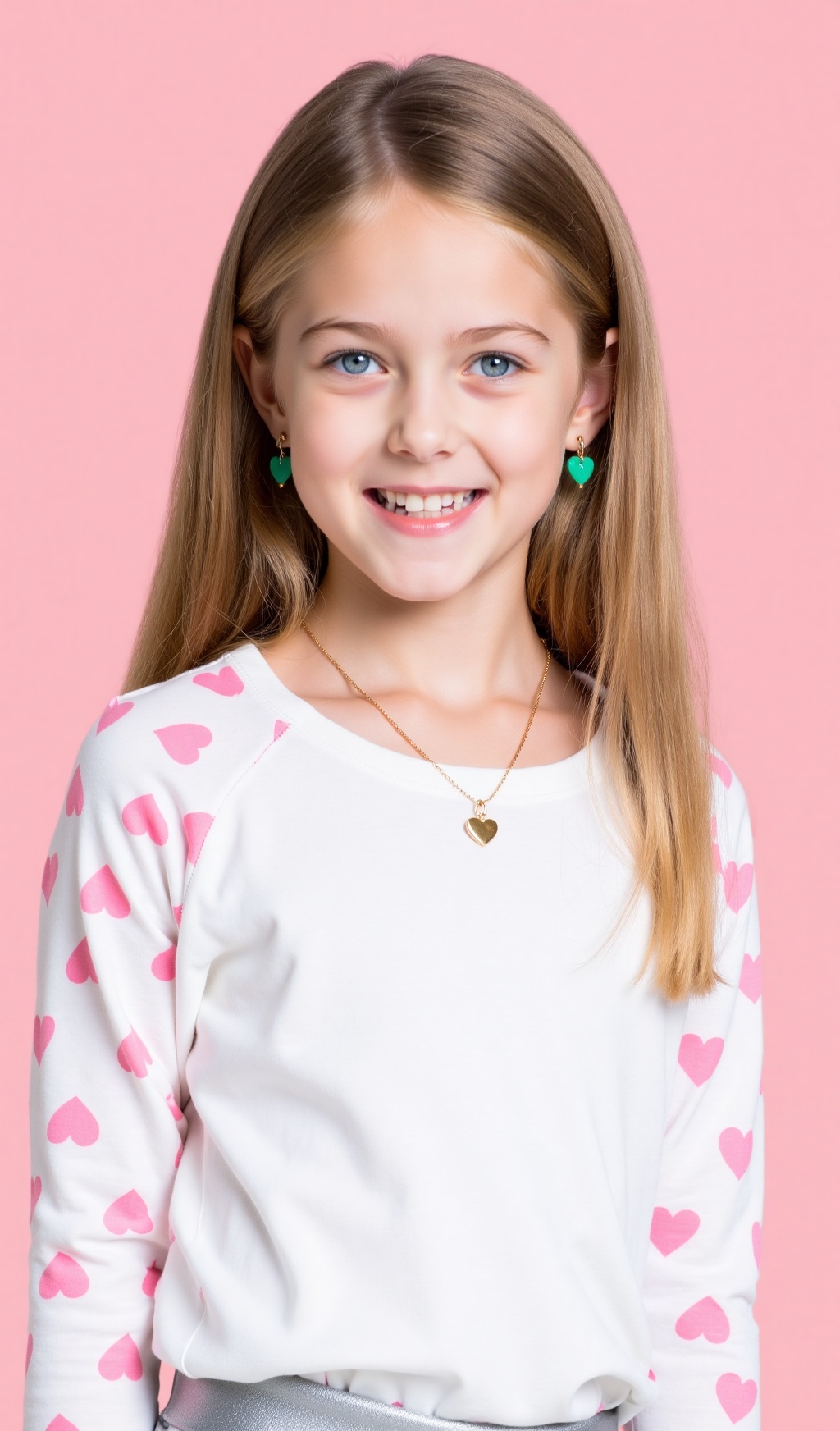 The image is a portrait of a young girl with brown hair,  blonde hair and blue eyes. She is wearing a white sweatshirt wit...