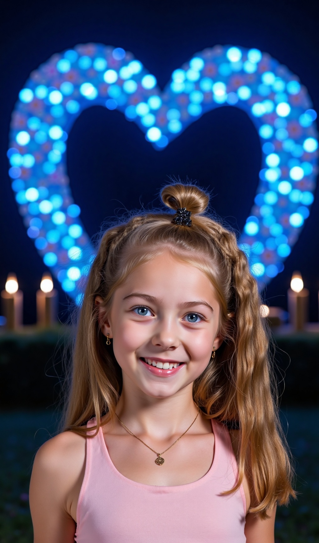 The image is a portrait of a young girl with brown hair,  blonde hair and blue eyes. Photo. A charming 7-year-old girl wit...