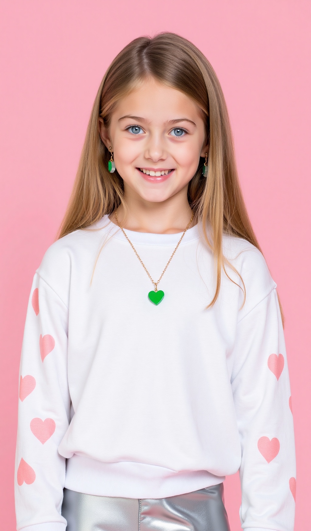 The image is a portrait of a young girl with brown hair,  blonde hair and blue eyes. She is wearing a white sweatshirt wit...