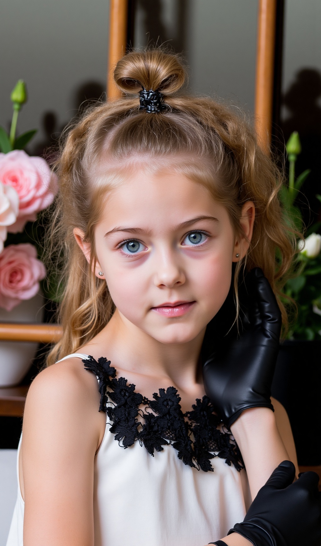 The image is a portrait of a young girl with brown hair,  blonde hair and blue eyes. Photo.,  posing in front of a window...