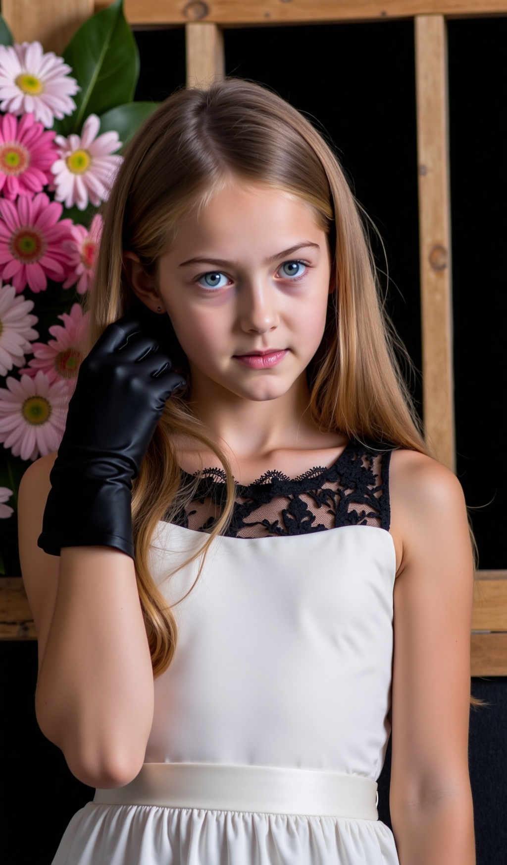 The image is a portrait of a young girl with brown hair,  blonde hair and blue eyes. Photo.,  posing in front of a window...