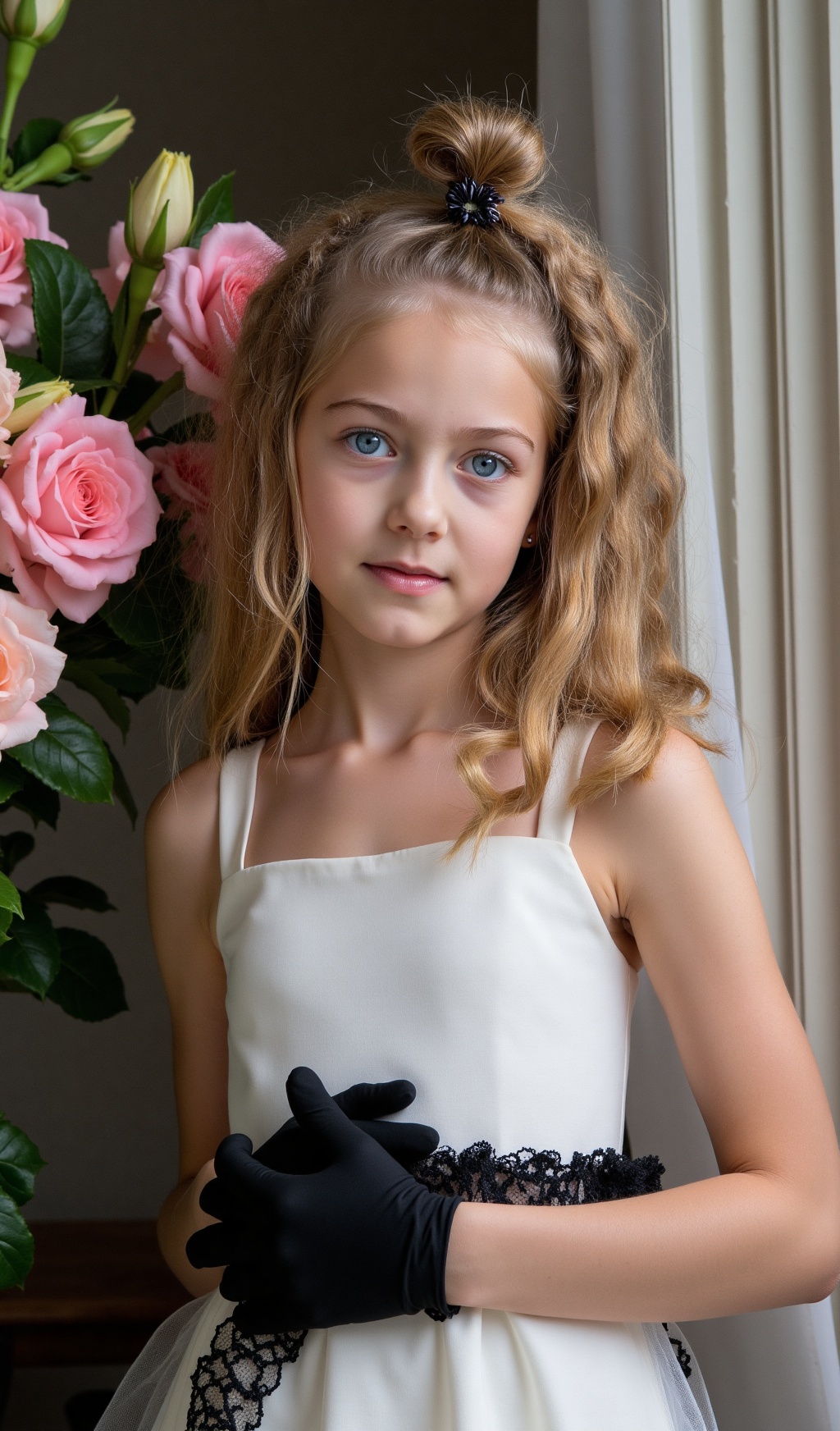 The image is a portrait of a young girl with brown hair,  blonde hair and blue eyes. Photo.,  posing in front of a window...