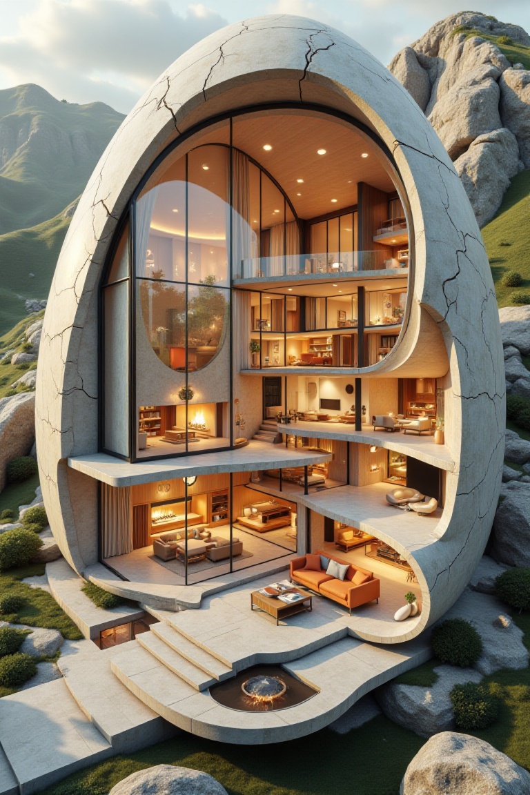 This surreal yet mesmerizing cross-section depicts a modern living room with glass encased in a giant cracked eggshell. Th...
