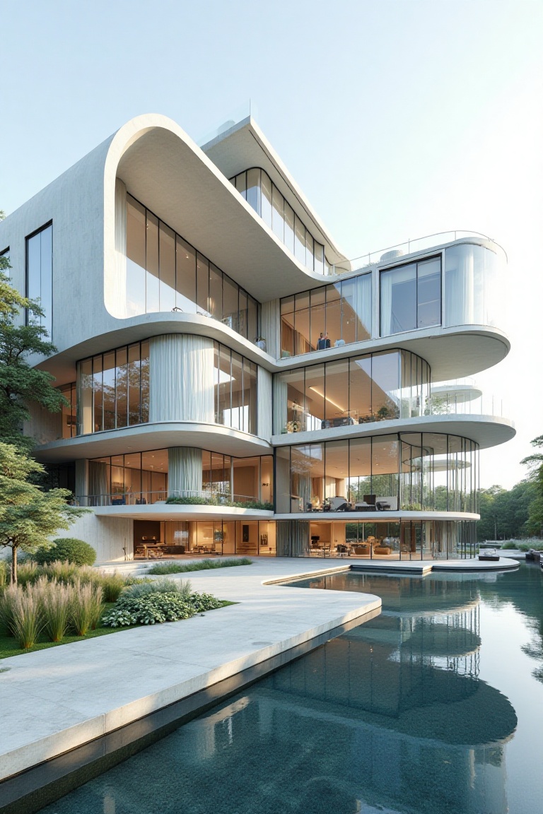 1 modern glass house design with green space,  beautiful landscape and section. water,  reflection on Tensor.Art