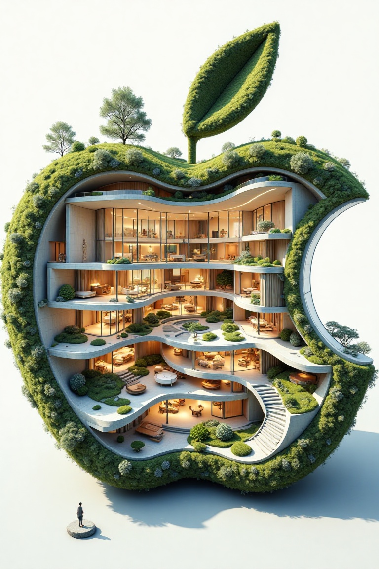 An intricately detailed cutaway illustration of a colossal apple logo,  section,  interior design with glass on Tensor.Art