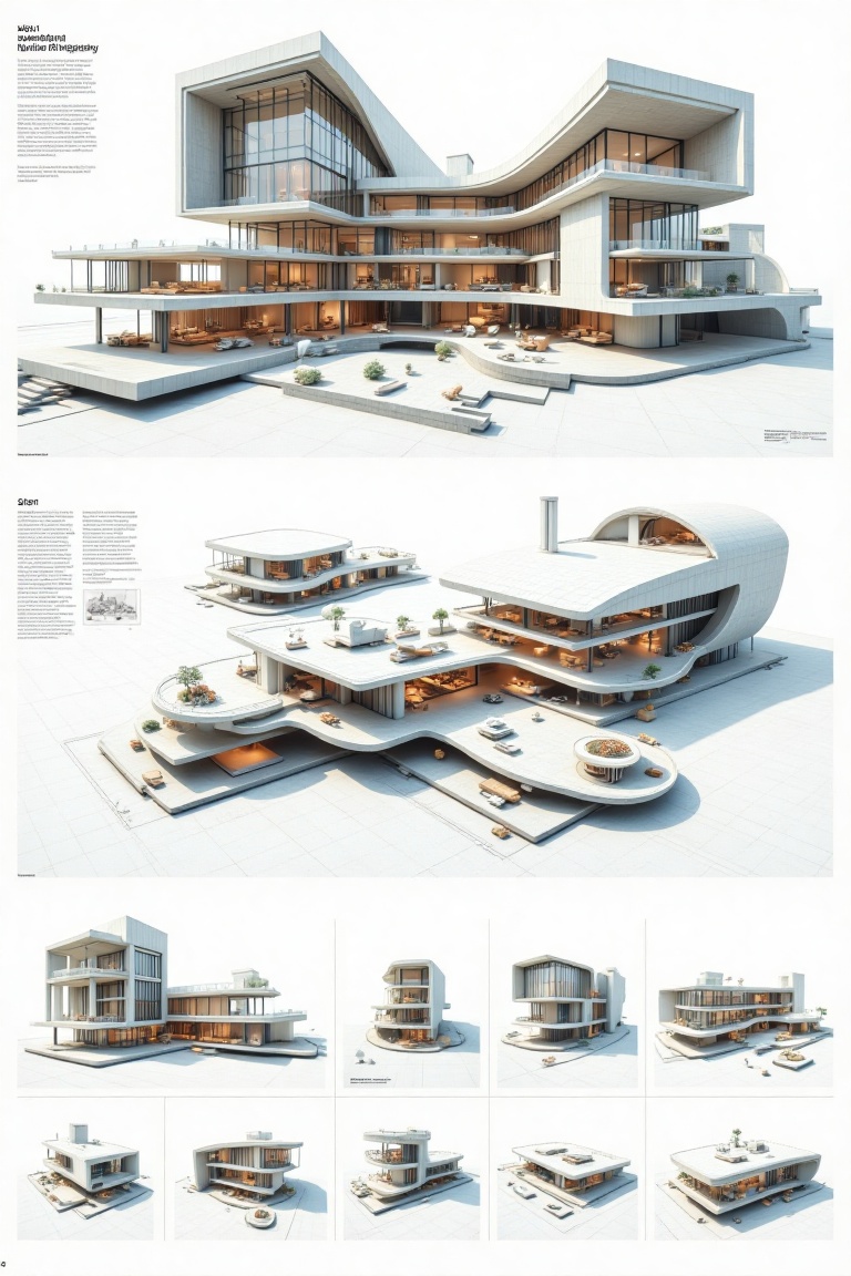 A diagram showing the process of modern design with section each step represented by different architectural sketches and...