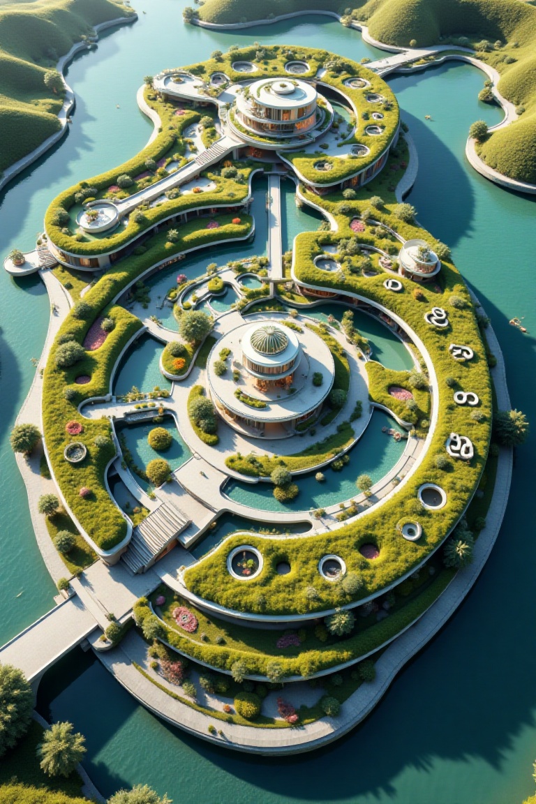 A breathtaking artificial island with modern house viewed from above,  designed in the precise shape of a wristwatch secti...
