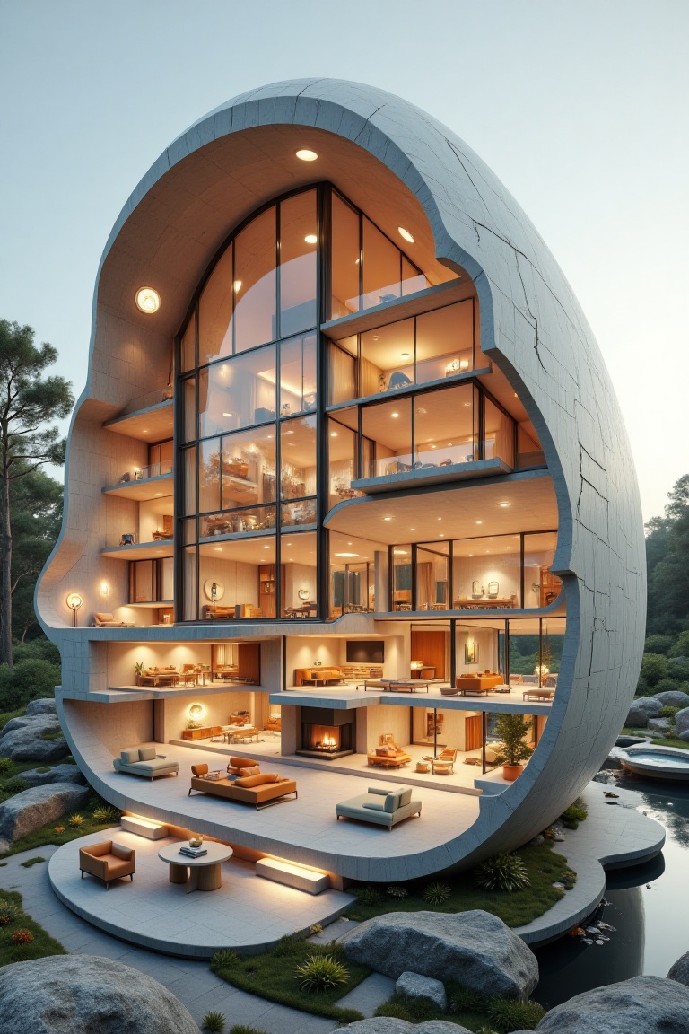 This surreal yet mesmerizing cross-section depicts a modern living room with glass encased in a giant cracked eggshell. Th...