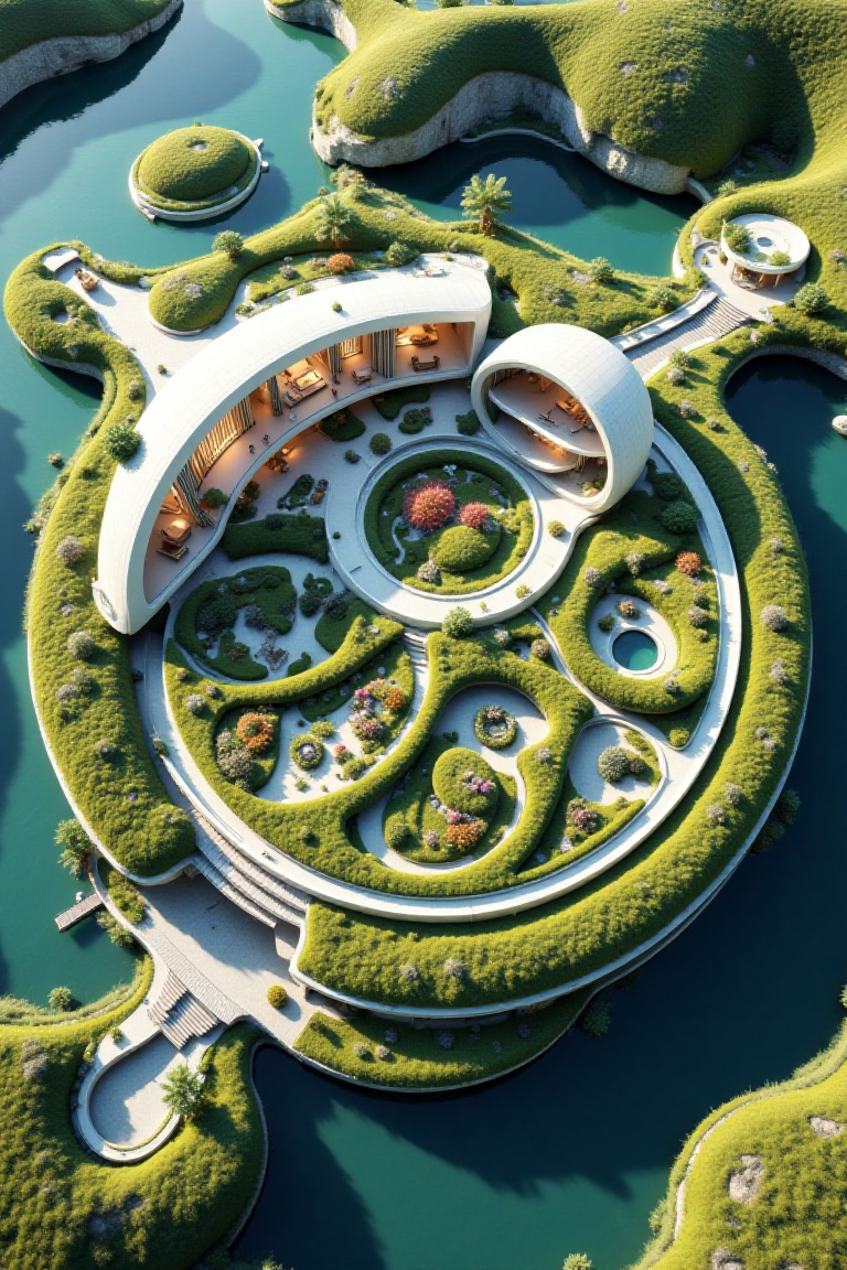 A breathtaking artificial island with modern house viewed from above,  designed in the precise shape of a wristwatch secti...