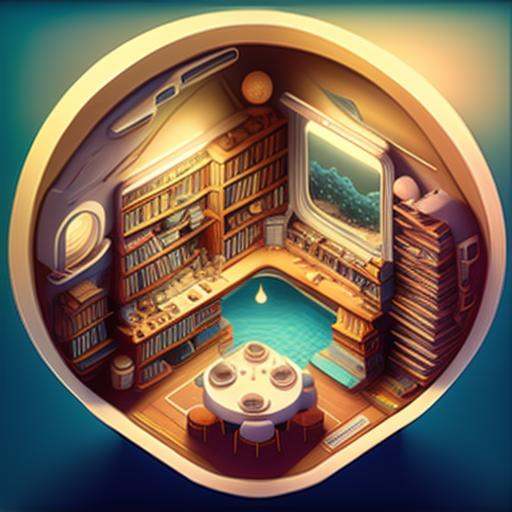 a photo of the weird Isometric_Dreams,  a computer generated image of a house with a library and a bed in the center of th...