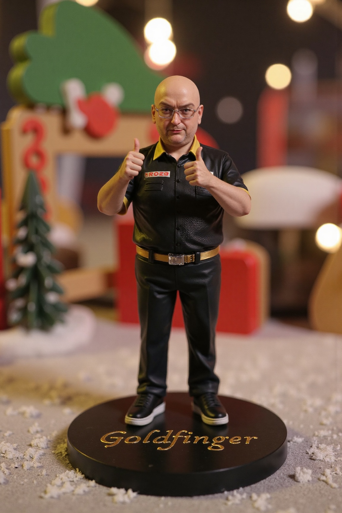 real-life miniature action figure of Andrew Gilding,  standing on a round,  black base. The figure on Tensor.Art