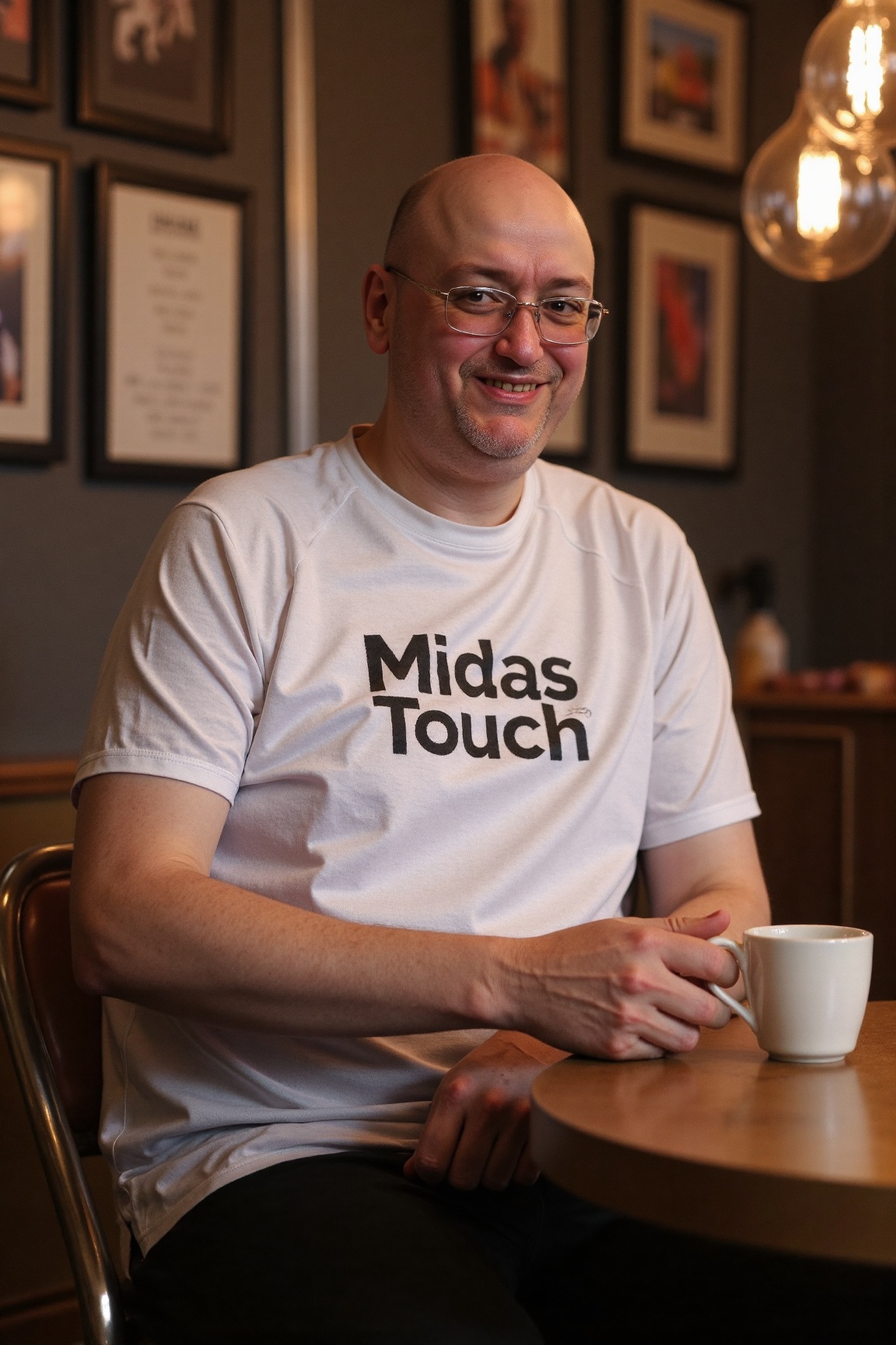 A high-resolution professional portrait photograph of an AxG man,  sitting in a cozy cafe. he is wearing a white t-shirt w...