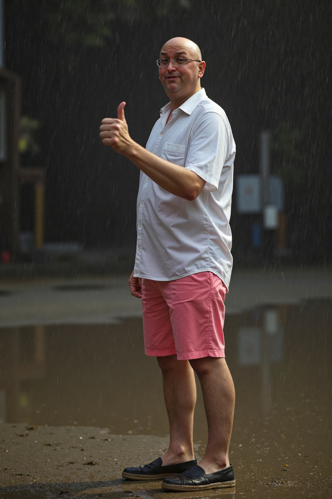 A high-resolution professional portrait photograph of an AxG man,  standing in the rain holding up ((one thumb)). he is we...