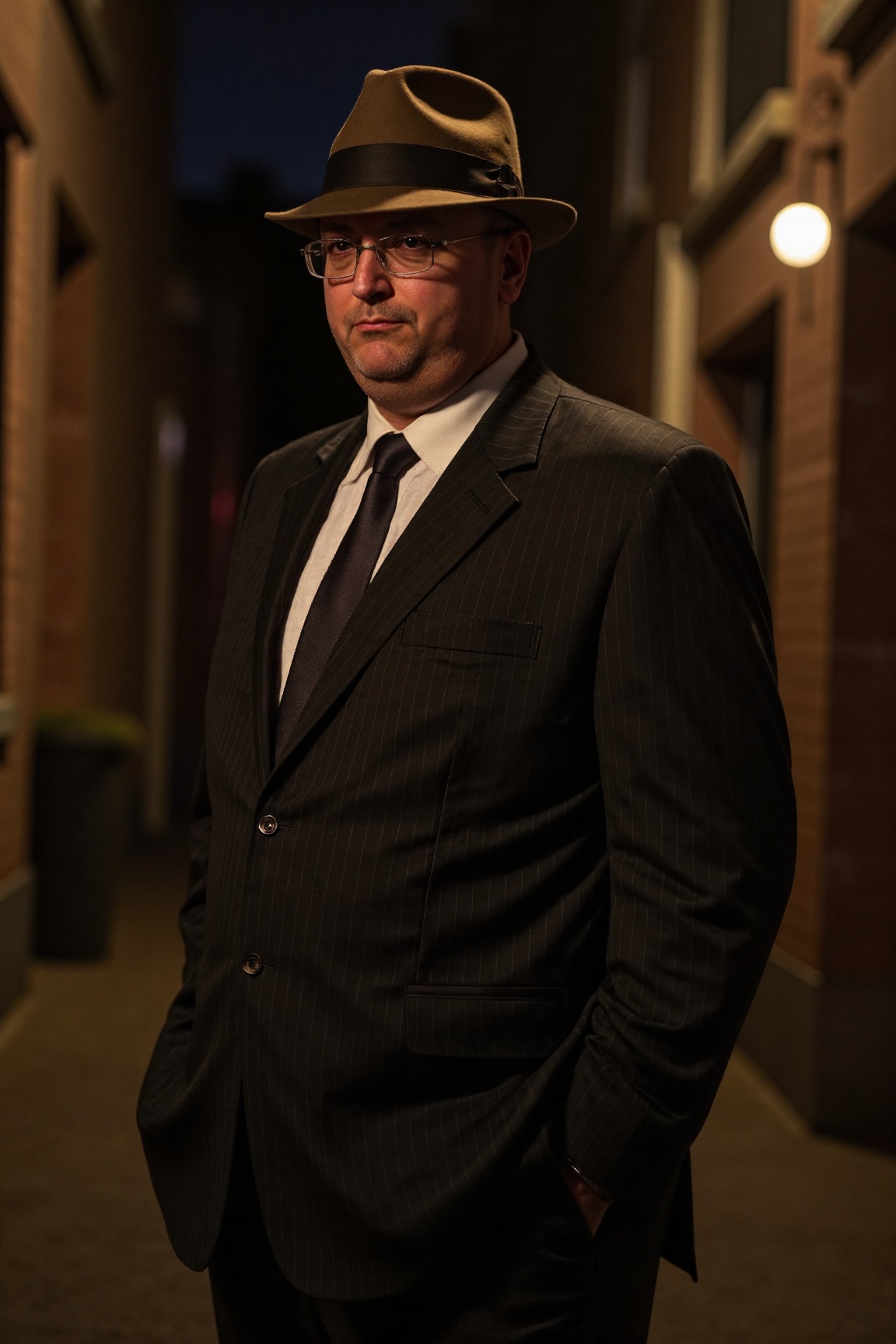 A high-resolution professional portrait photograph of an AxG man,  standing in a dimly lit alleyway at night. he is wearin...