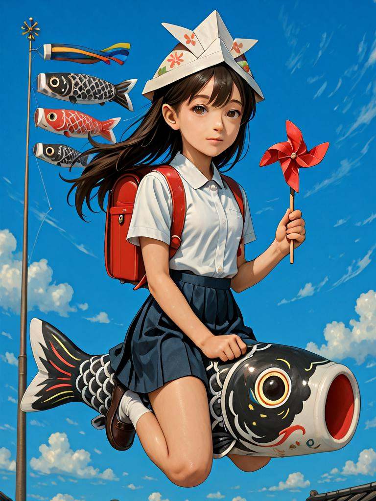 koinobori,  riding black koi,  riding black carp on Tensor.Art