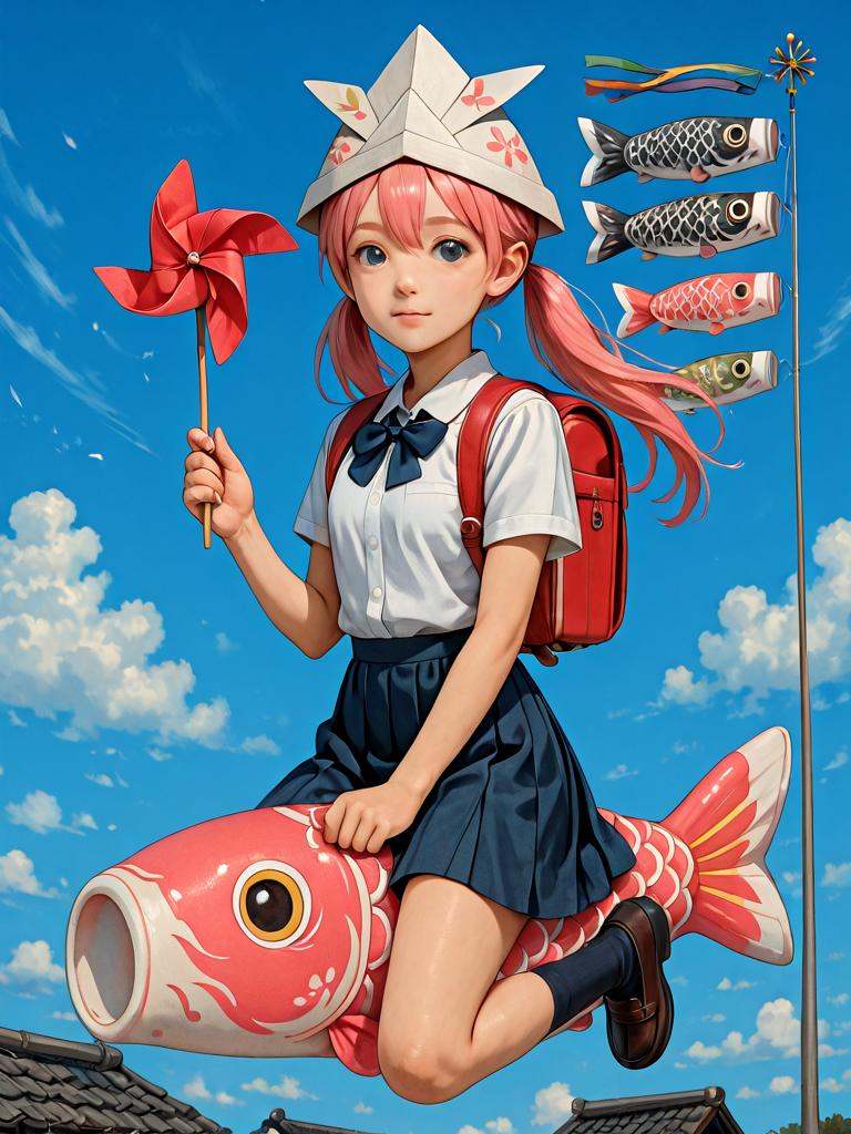 koinobori,  riding pink koi,  riding pink carp on Tensor.Art