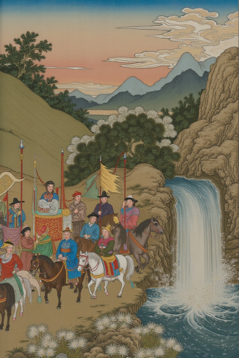 A stately procession unfolds against a backdrop of lush greenery,  ancient pine trees,  and misty mountains. The Chinese E...